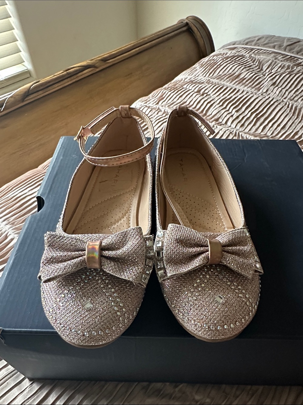 Tahari Girls Glitter Bow Ankle-Strap Flats - Rose Gold